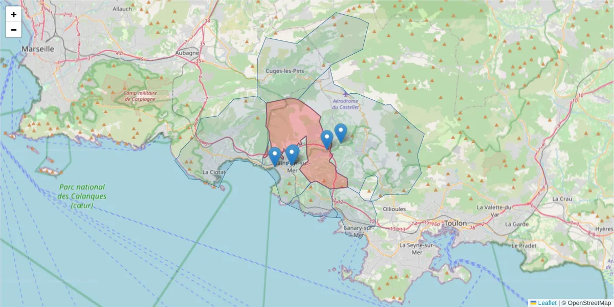 Carte de la zone du code postal  et des codes postaux voisins en France