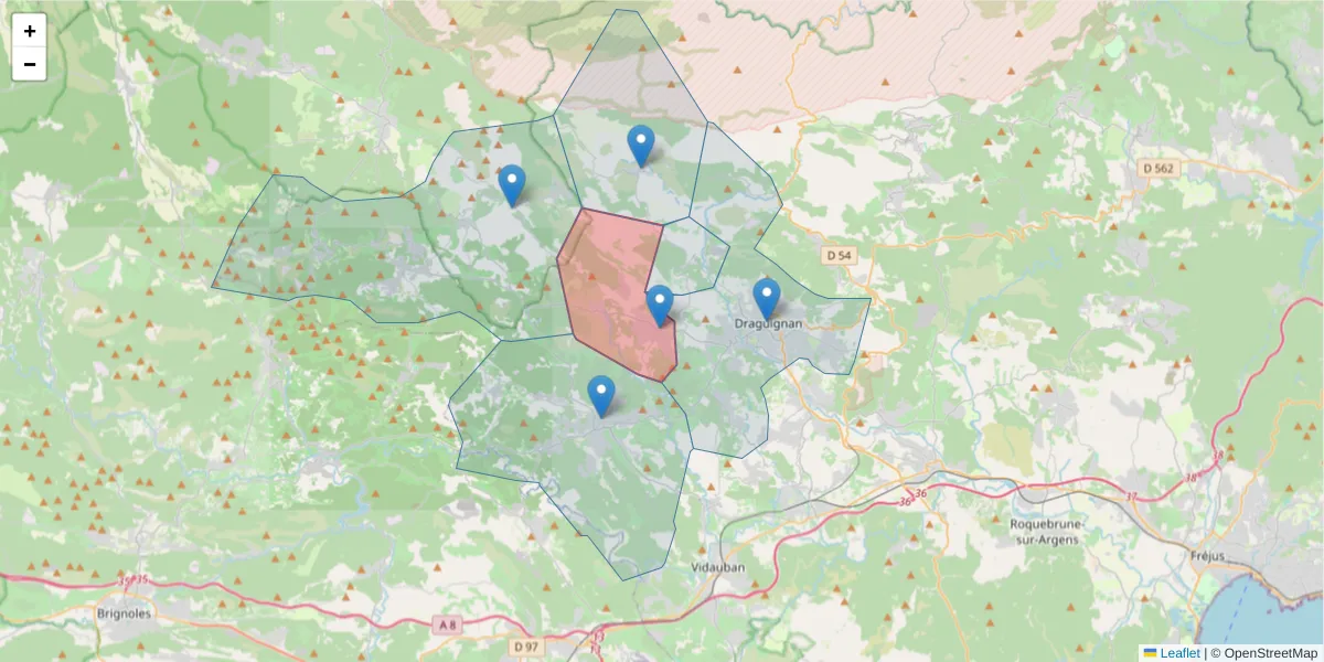 Carte de la zone du code postal  et des codes postaux voisins en France