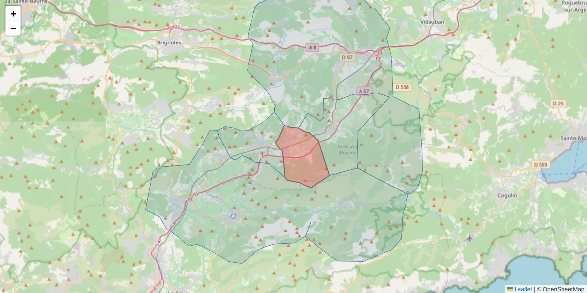 Carte de la zone du code postal  et des codes postaux voisins en France