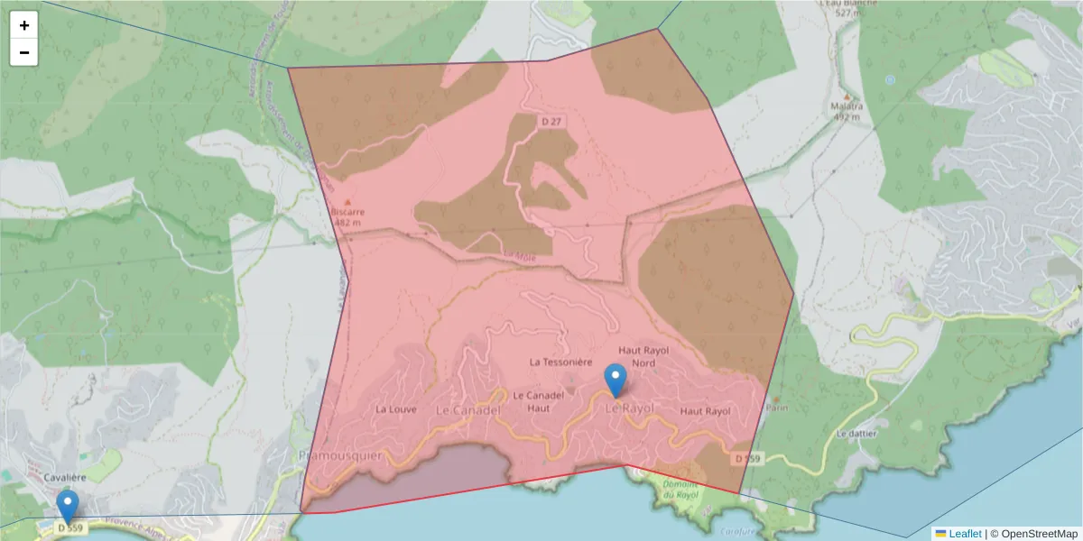 Carte de la zone du code postal  et des codes postaux voisins en France