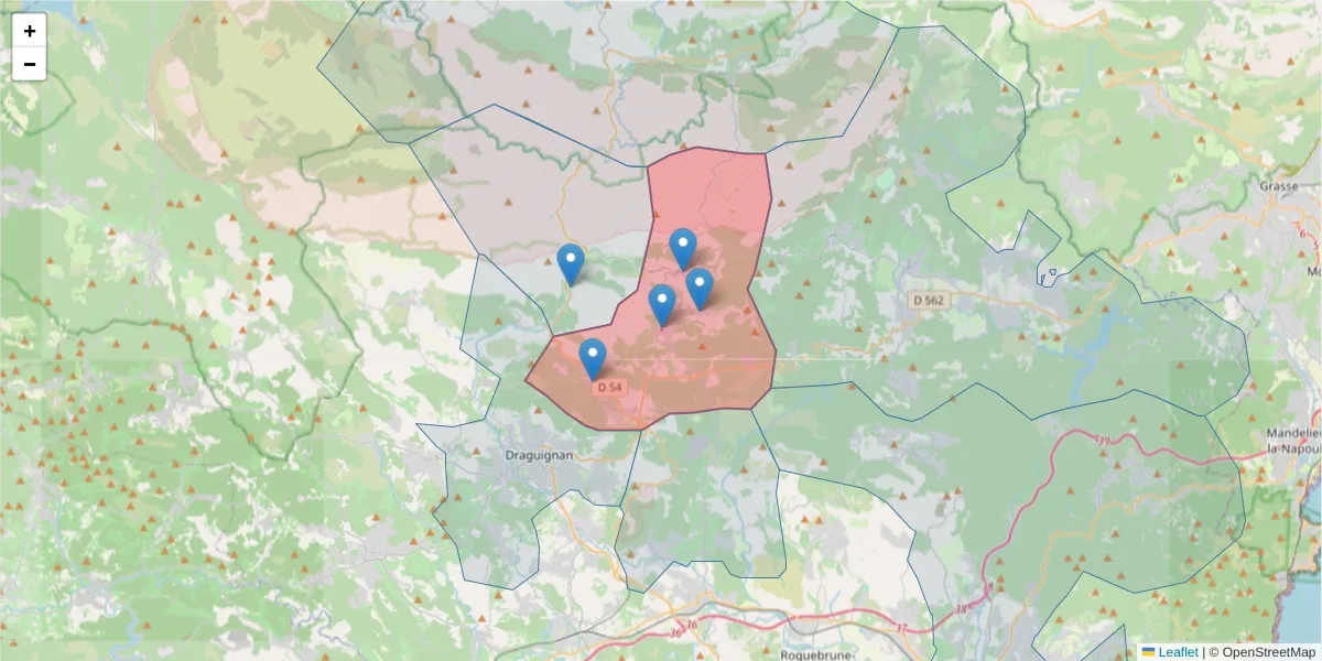 Carte de la zone du code postal  et des codes postaux voisins en France