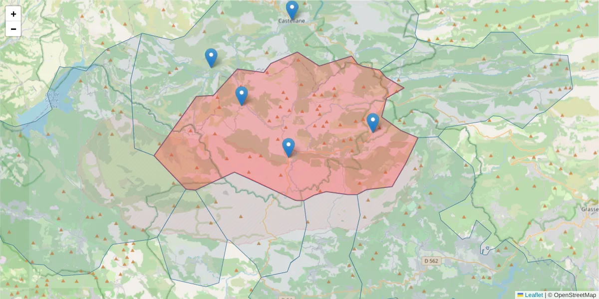 Carte de la zone du code postal  et des codes postaux voisins en France