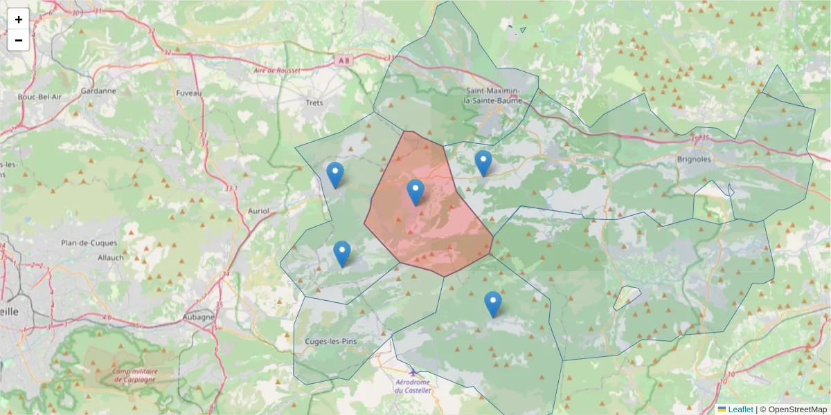 Carte de la zone du code postal  et des codes postaux voisins en France