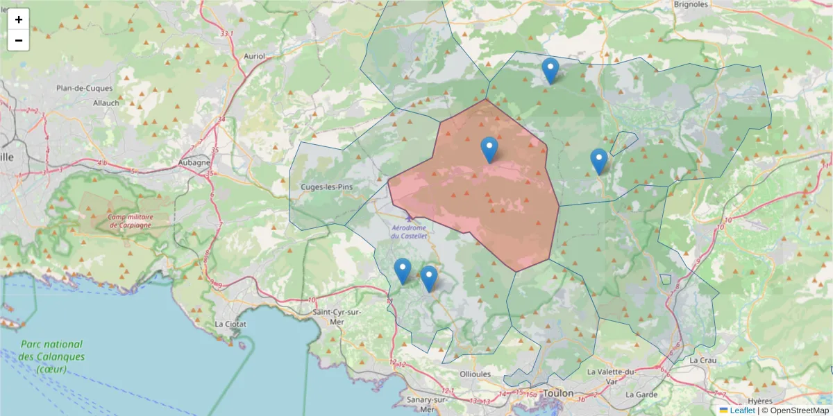 Carte de la zone du code postal  et des codes postaux voisins en France