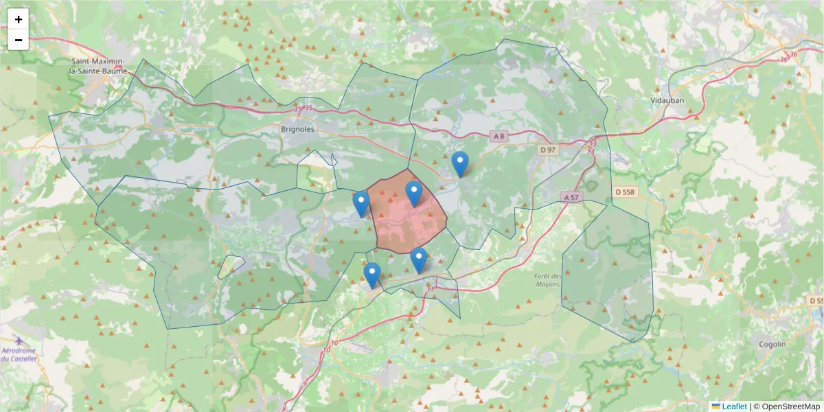 Carte de la zone du code postal  et des codes postaux voisins en France