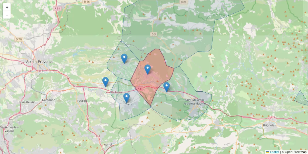 Carte de la zone du code postal  et des codes postaux voisins en France