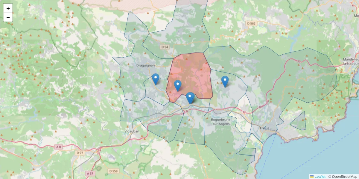 Carte de la zone du code postal  et des codes postaux voisins en France