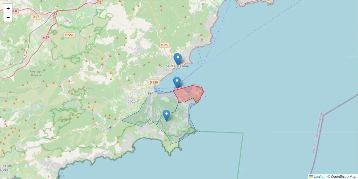 Carte de la zone du code postal  et des codes postaux voisins en France