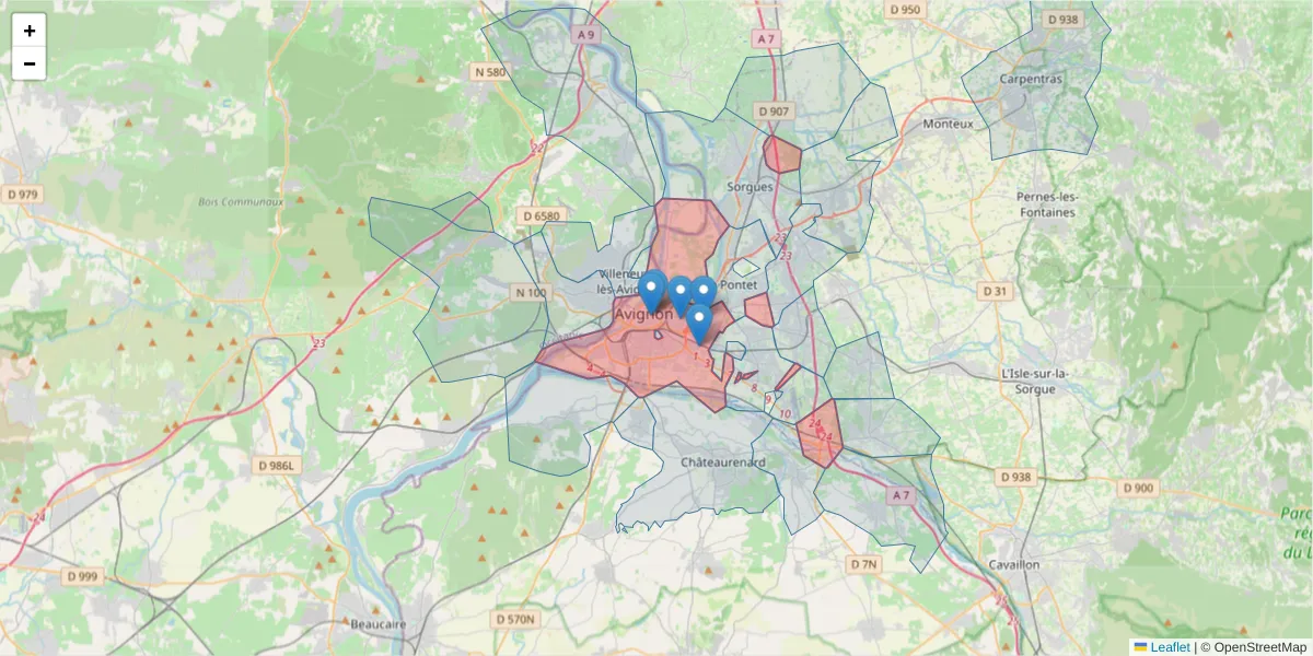 Carte de la zone du code postal  et des codes postaux voisins en France