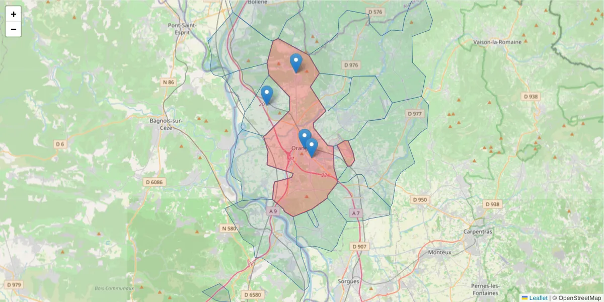 Carte de la zone du code postal  et des codes postaux voisins en France