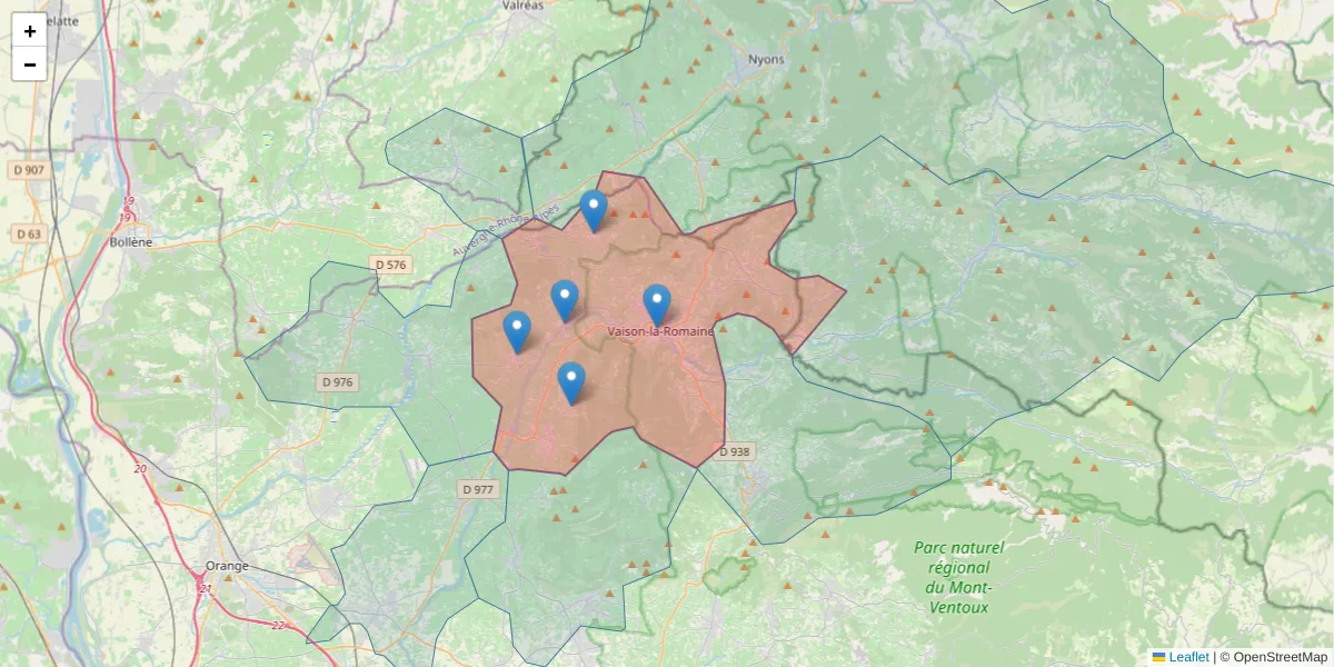 Carte de la zone du code postal  et des codes postaux voisins en France