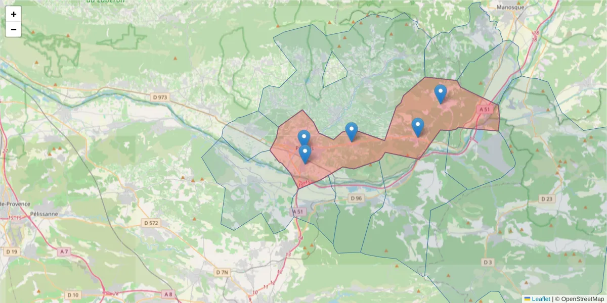 Carte de la zone du code postal  et des codes postaux voisins en France