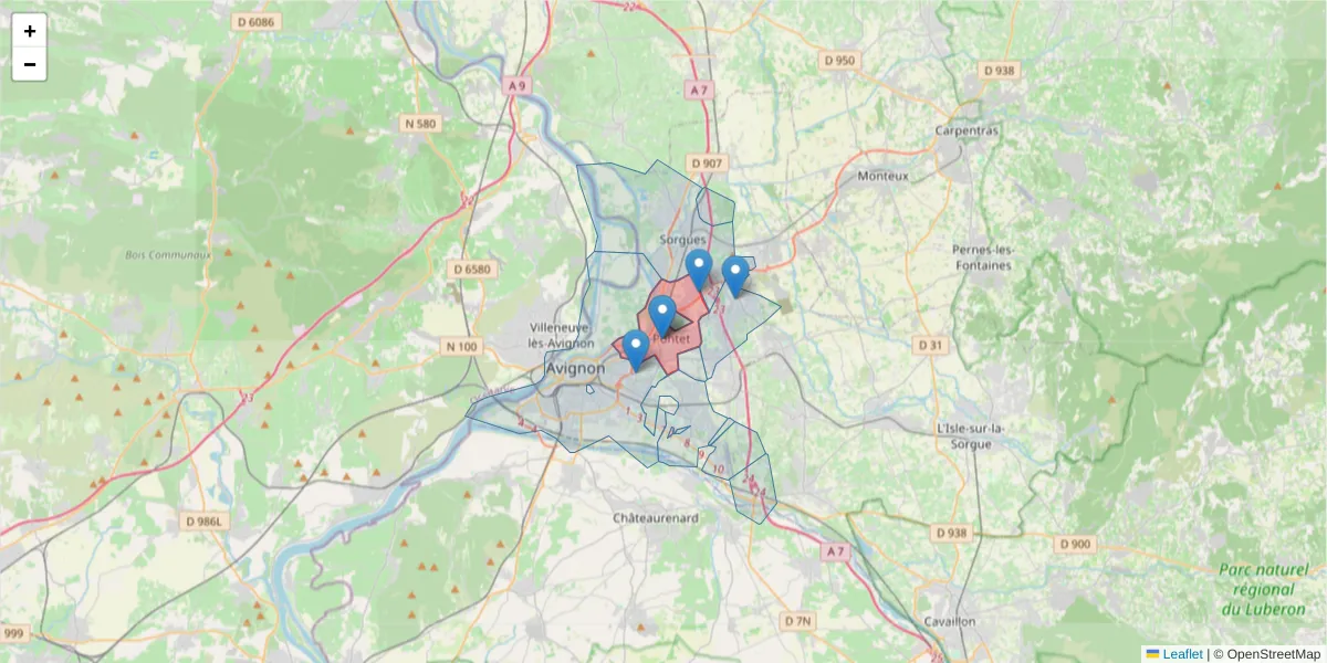 Carte de la zone du code postal  et des codes postaux voisins en France