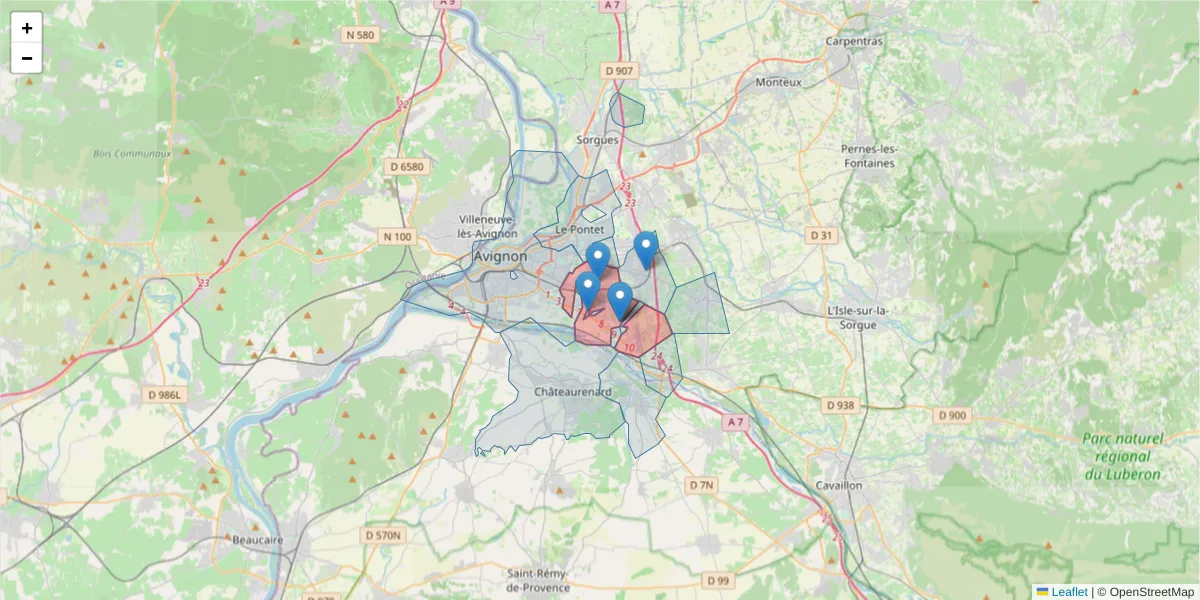 Carte de la zone du code postal  et des codes postaux voisins en France