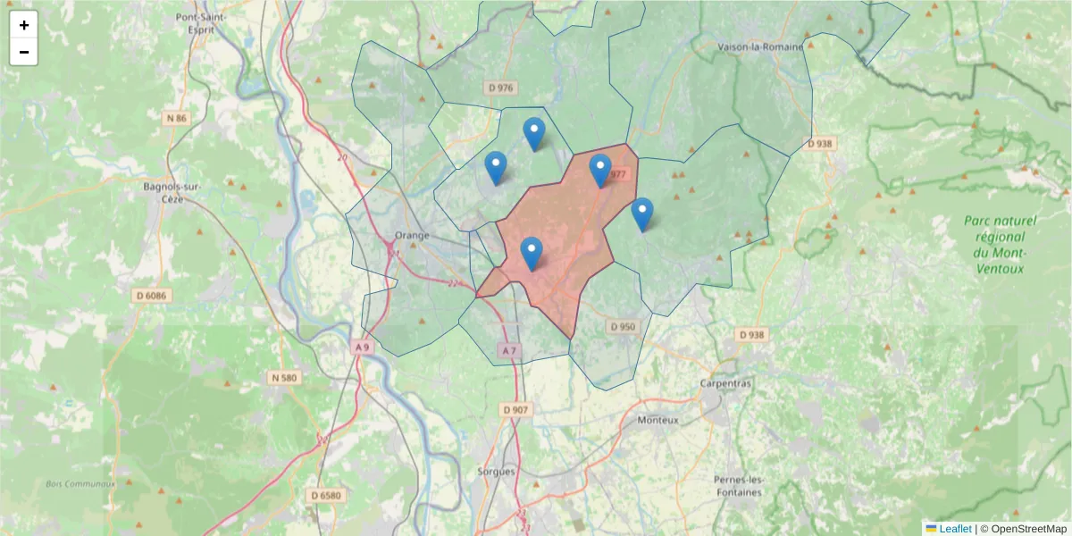 Carte de la zone du code postal  et des codes postaux voisins en France