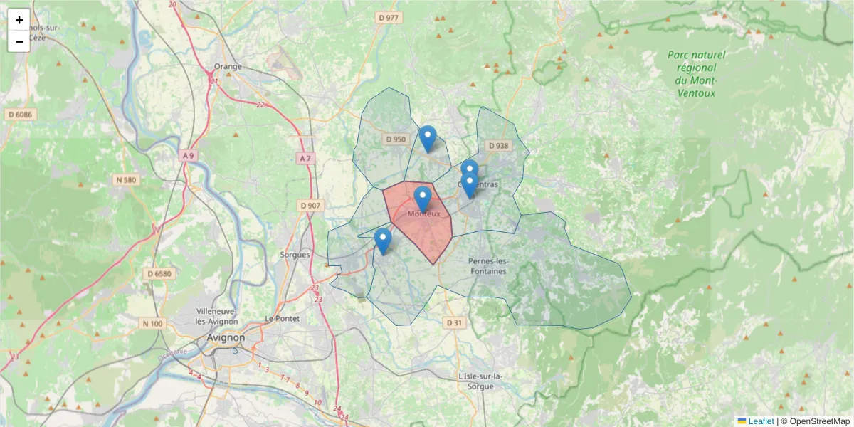 Carte de la zone du code postal  et des codes postaux voisins en France