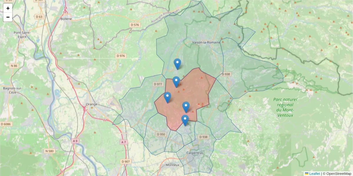 Carte de la zone du code postal  et des codes postaux voisins en France
