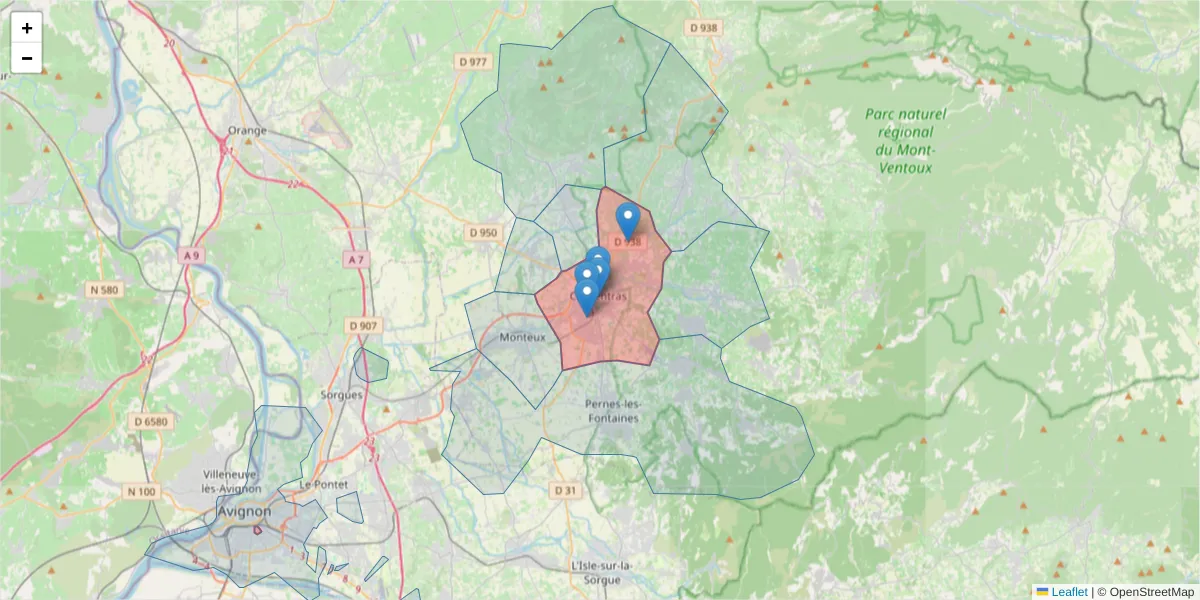 Carte de la zone du code postal  et des codes postaux voisins en France