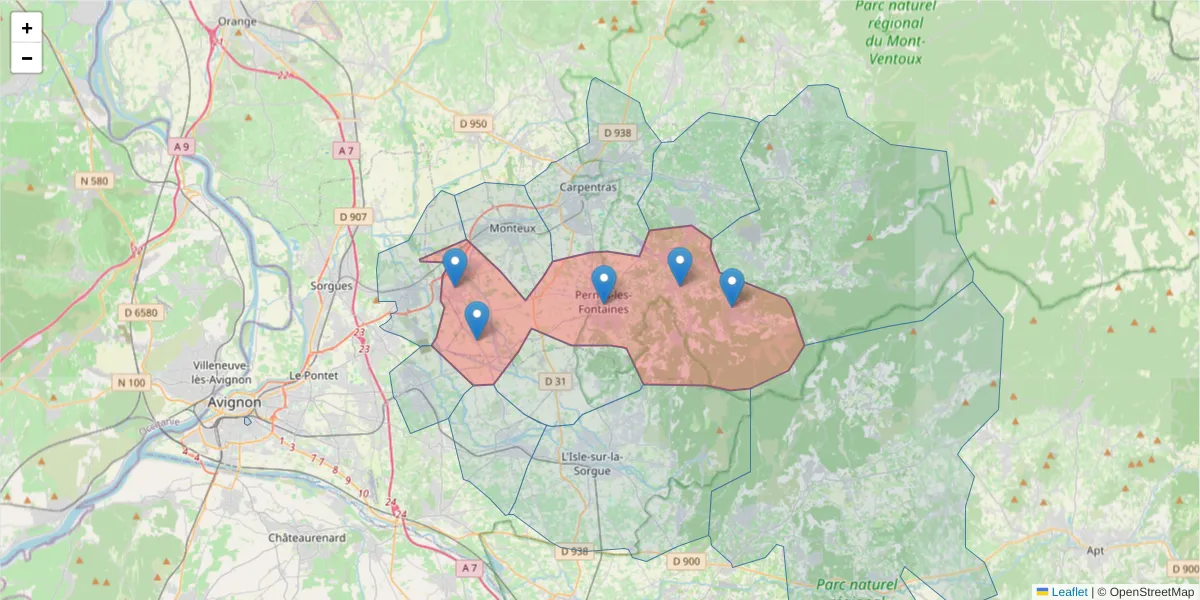 Carte de la zone du code postal  et des codes postaux voisins en France