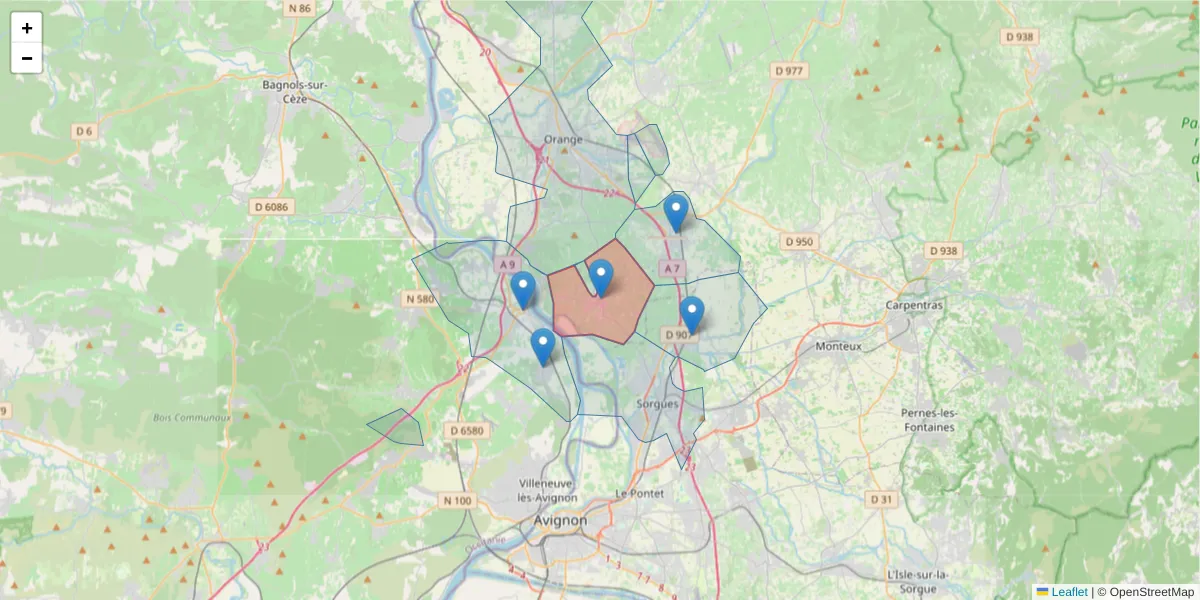 Carte de la zone du code postal  et des codes postaux voisins en France