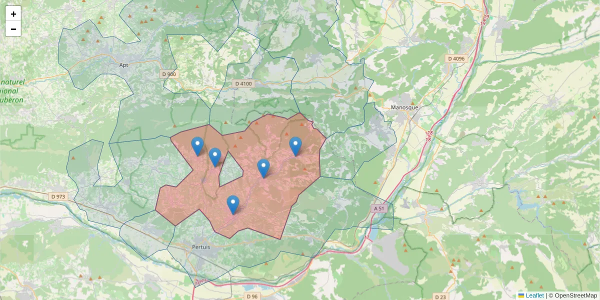 Carte de la zone du code postal  et des codes postaux voisins en France