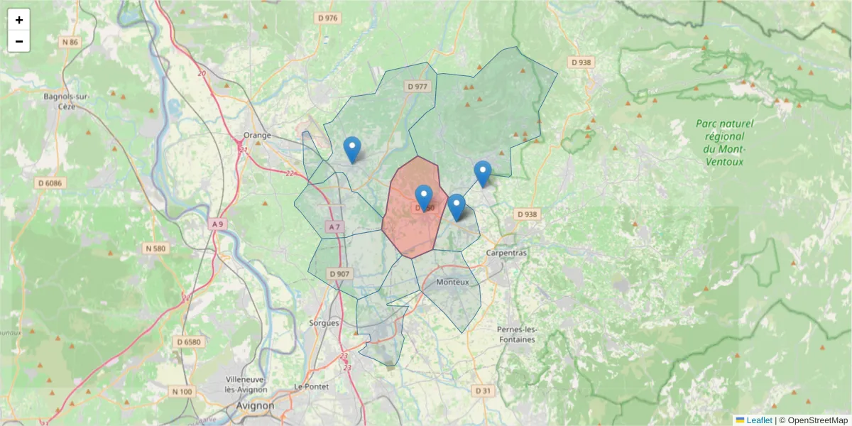 Carte de la zone du code postal  et des codes postaux voisins en France