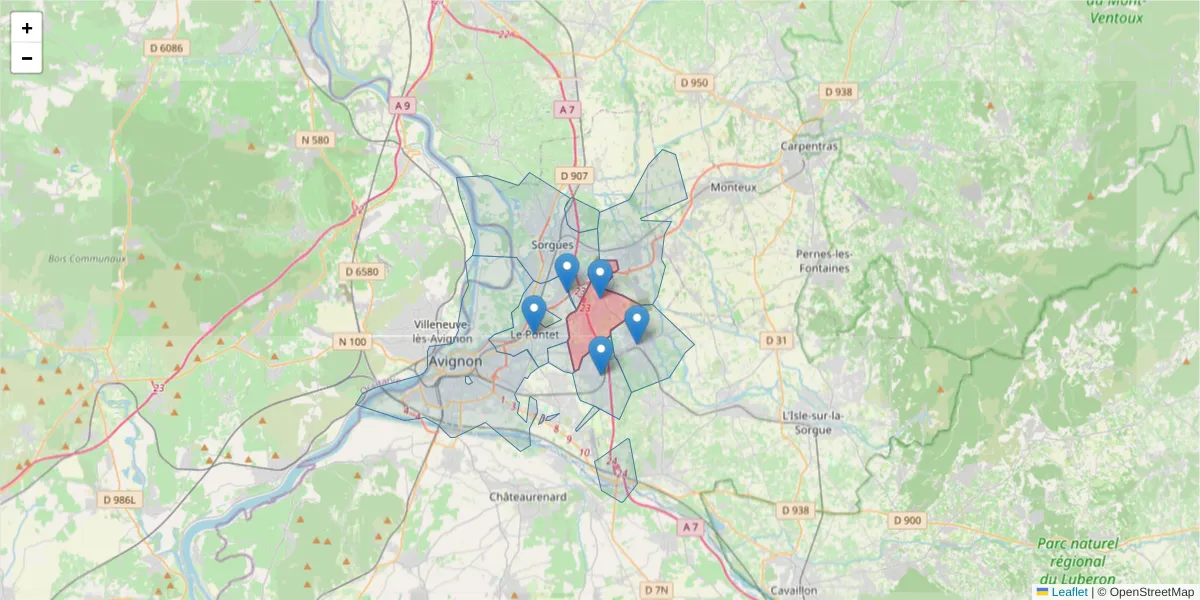 Carte de la zone du code postal  et des codes postaux voisins en France