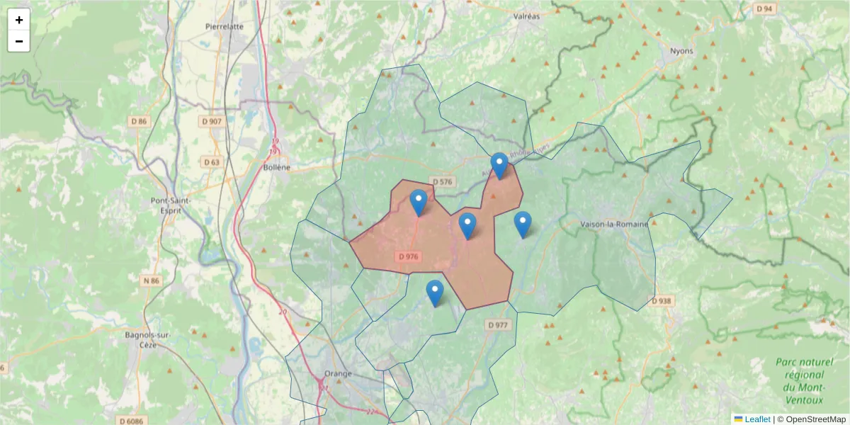 Carte de la zone du code postal  et des codes postaux voisins en France