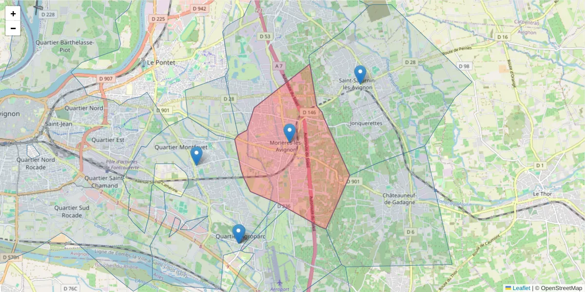 Carte de la zone du code postal  et des codes postaux voisins en France