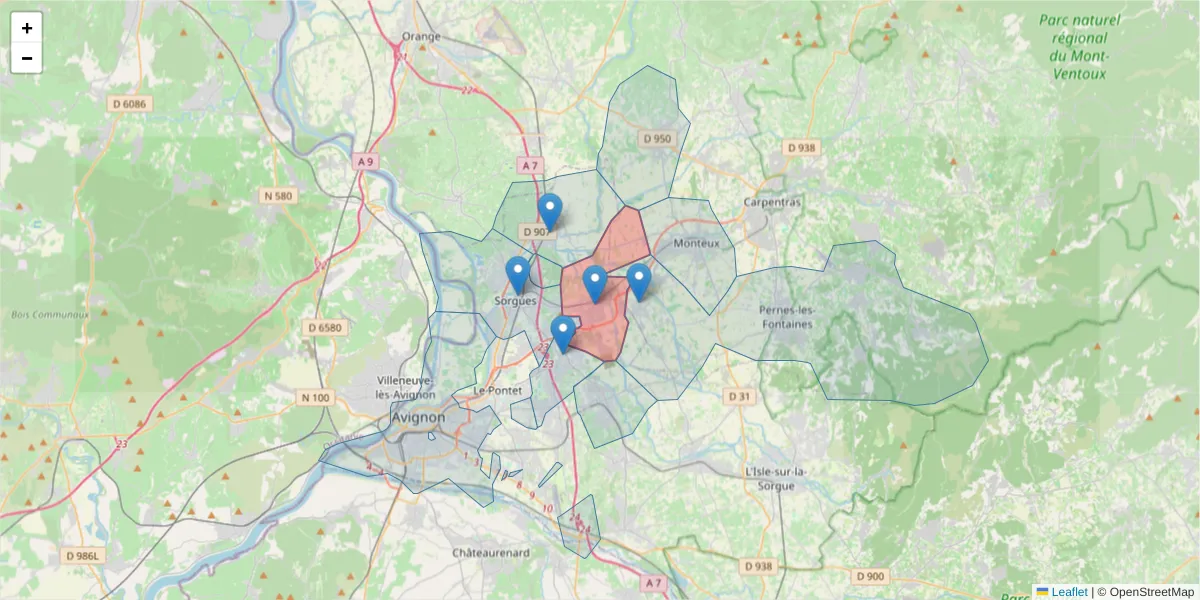 Carte de la zone du code postal  et des codes postaux voisins en France