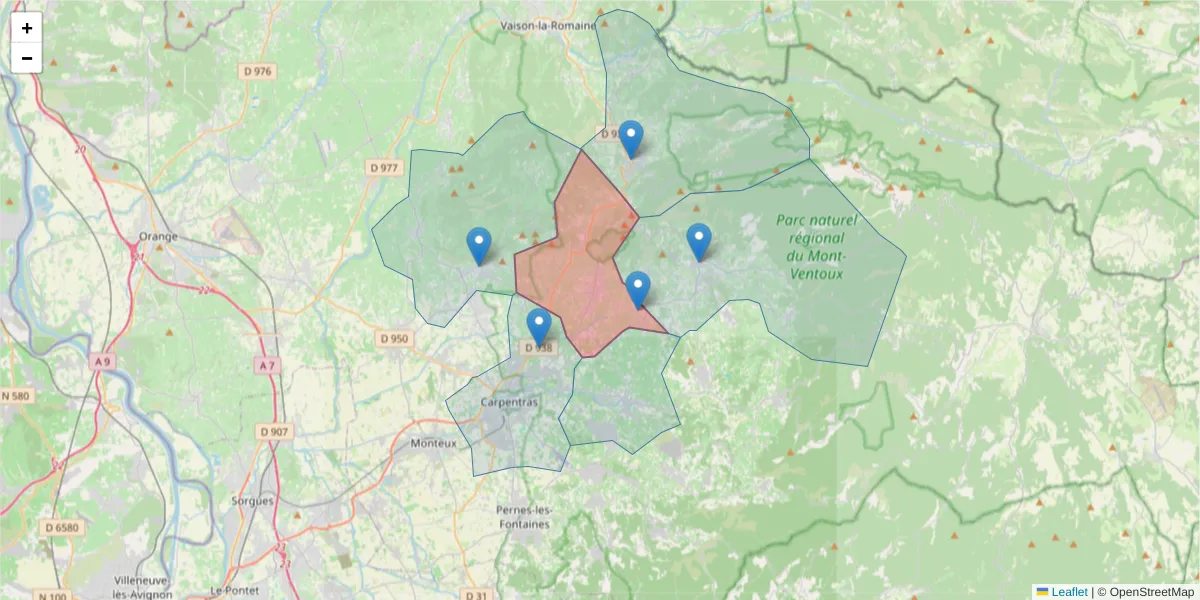 Carte de la zone du code postal  et des codes postaux voisins en France