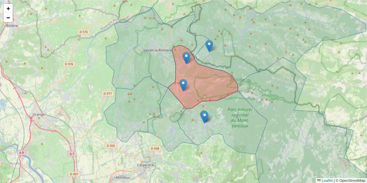 Carte de la zone du code postal  et des codes postaux voisins en France