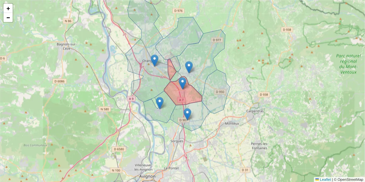 Carte de la zone du code postal  et des codes postaux voisins en France