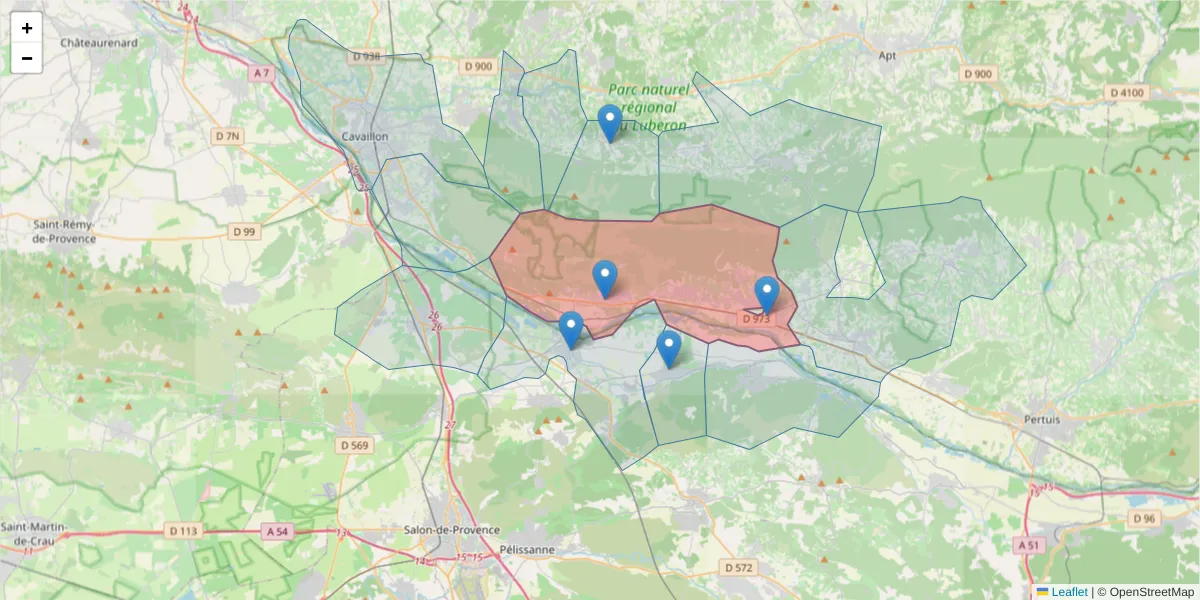 Carte de la zone du code postal  et des codes postaux voisins en France