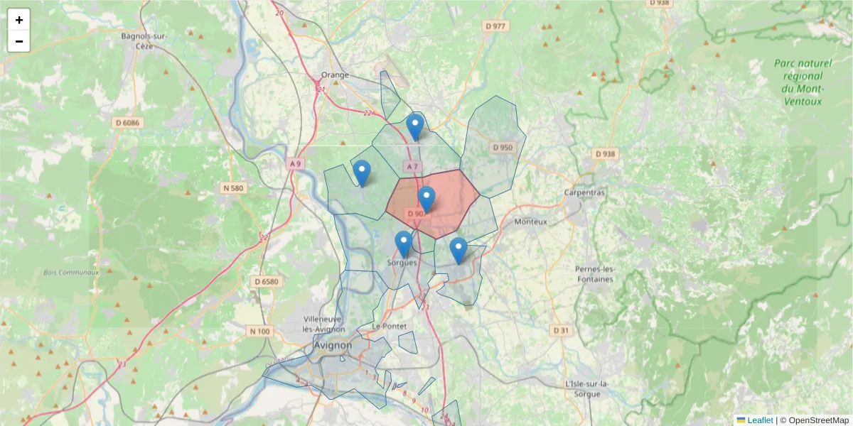 Carte de la zone du code postal  et des codes postaux voisins en France