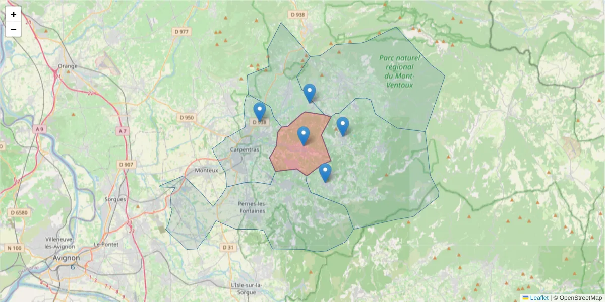 Carte de la zone du code postal  et des codes postaux voisins en France