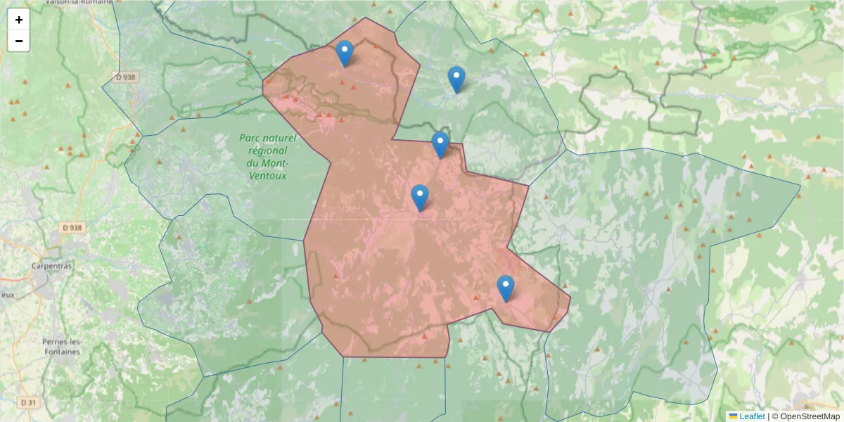 Carte de la zone du code postal  et des codes postaux voisins en France