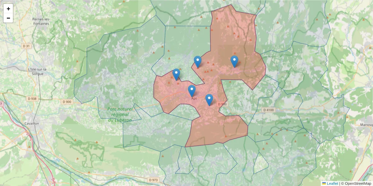 Carte de la zone du code postal  et des codes postaux voisins en France