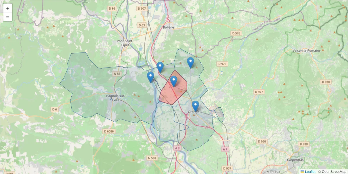 Carte de la zone du code postal  et des codes postaux voisins en France