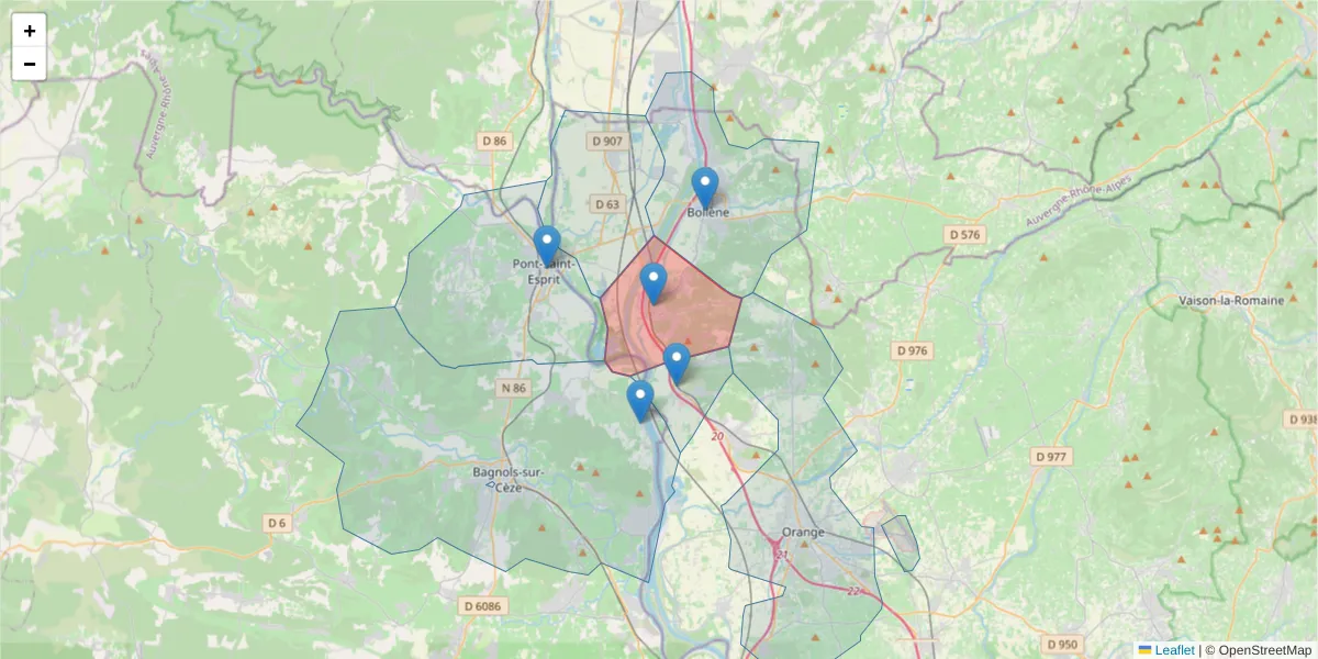 Carte de la zone du code postal  et des codes postaux voisins en France