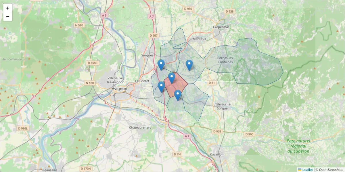 Carte de la zone du code postal  et des codes postaux voisins en France