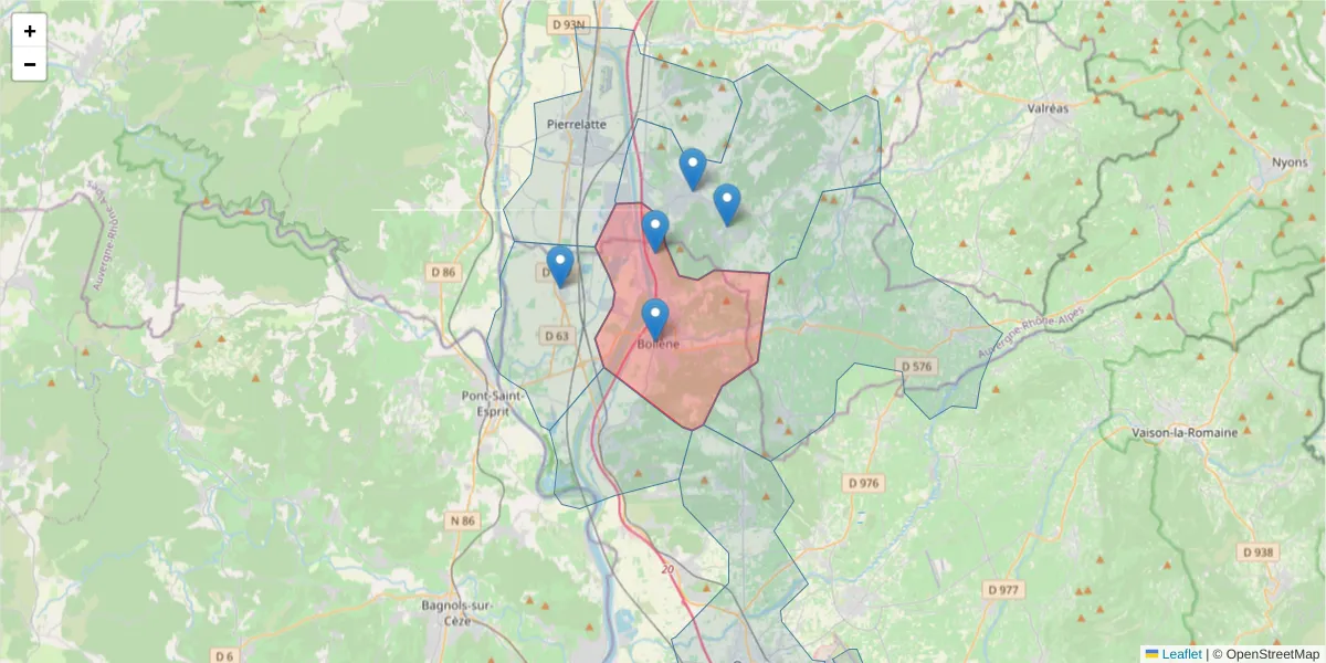 Carte de la zone du code postal  et des codes postaux voisins en France