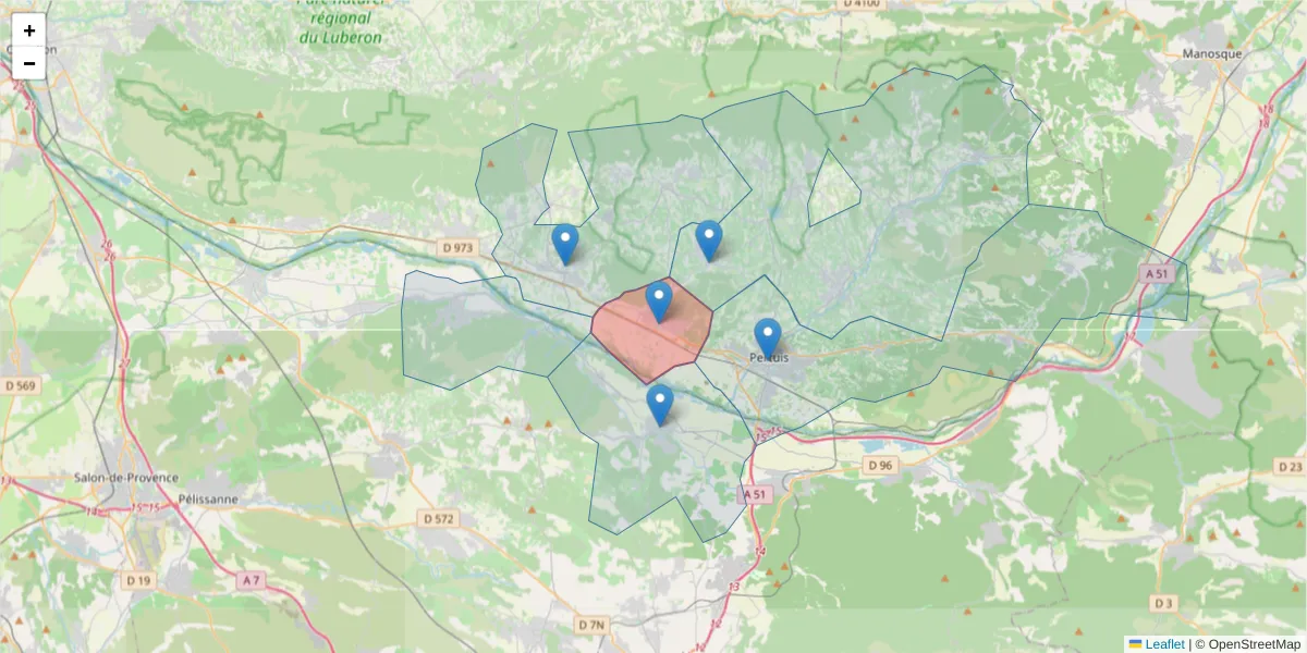 Carte de la zone du code postal  et des codes postaux voisins en France