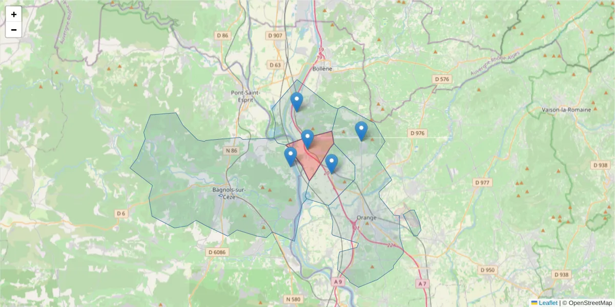 Carte de la zone du code postal  et des codes postaux voisins en France