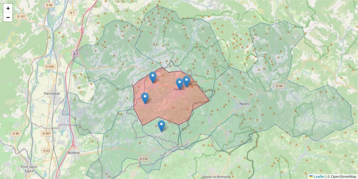 Carte de la zone du code postal  et des codes postaux voisins en France