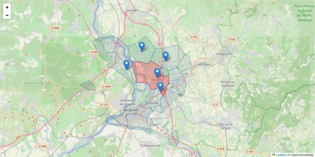 Carte de la zone du code postal  et des codes postaux voisins en France