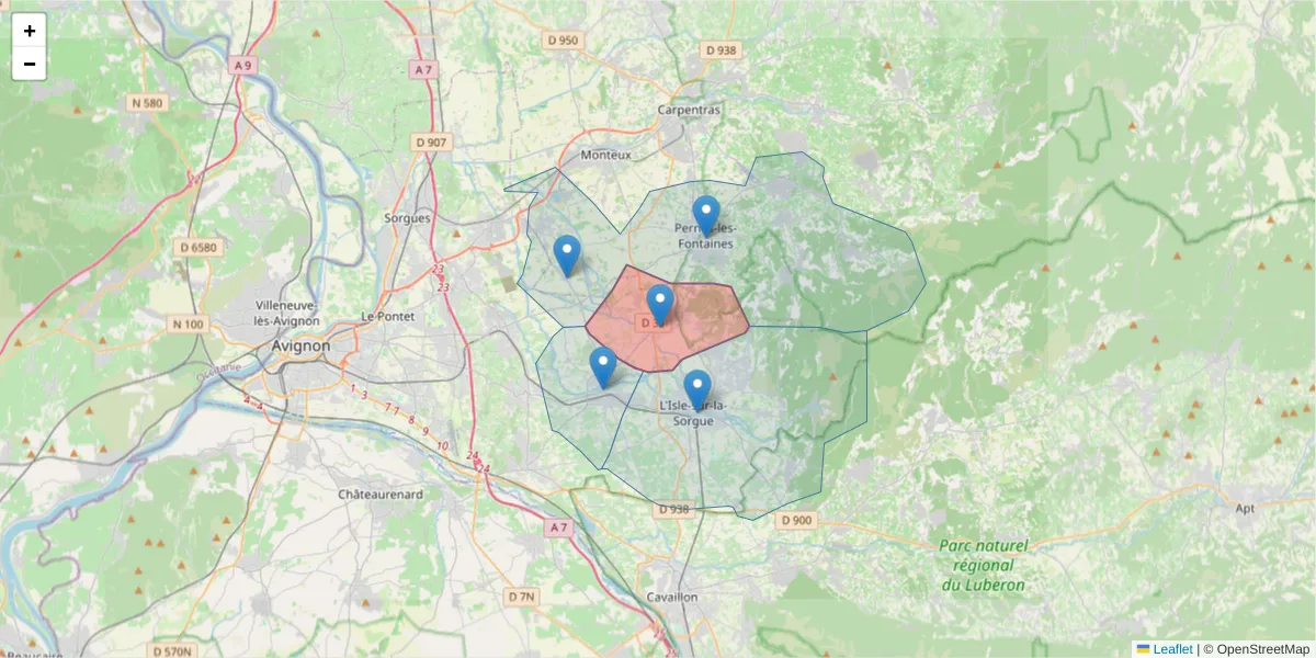 Carte de la zone du code postal  et des codes postaux voisins en France