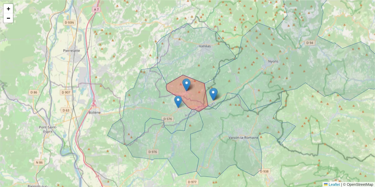 Carte de la zone du code postal  et des codes postaux voisins en France