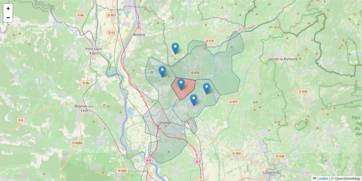 Carte de la zone du code postal  et des codes postaux voisins en France