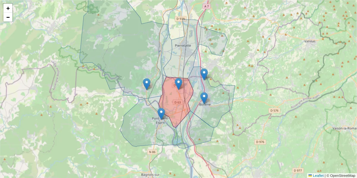 Carte de la zone du code postal  et des codes postaux voisins en France